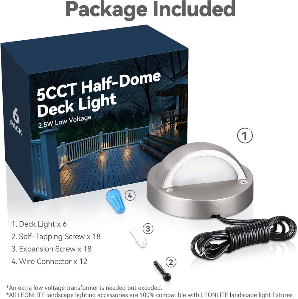 LEONLITE 6-Pack 5CCT 3.74inch Low Voltage LED Deck Lights, Satin Nickel