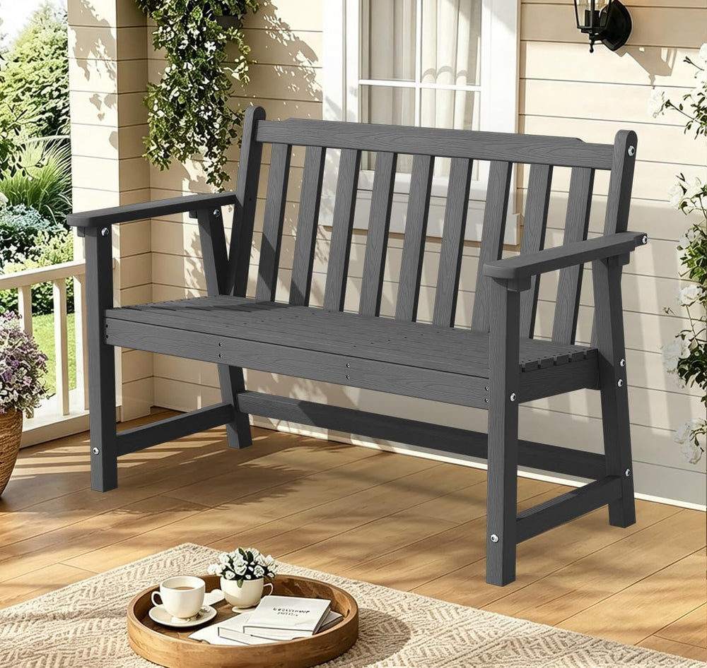 48" HDPE Weatherproof Outdoor Bench, Garden Porch Benches, Grey