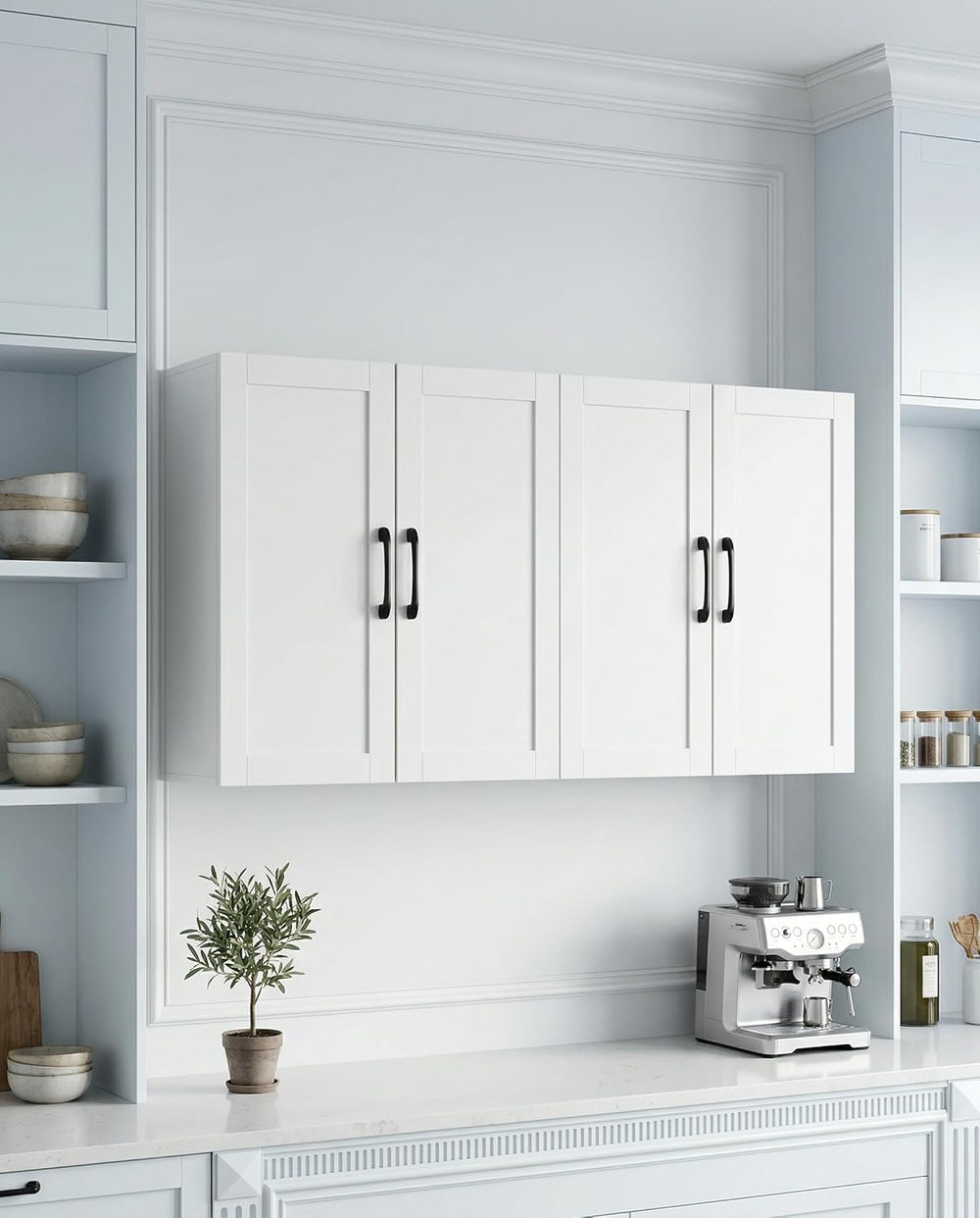 Wall Cabinet with Adjustable Shelves, Laundry Room Cabinet with 4 Doors, Kitc...