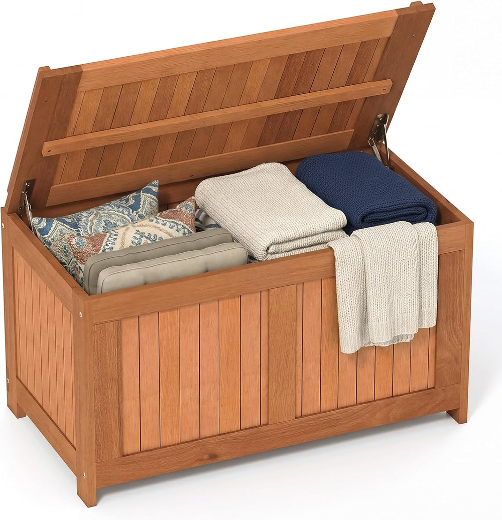 HAPPYGRILL Outdoor Wood Deck Box with Flip Top, Patio Storage Bench for Garde...
