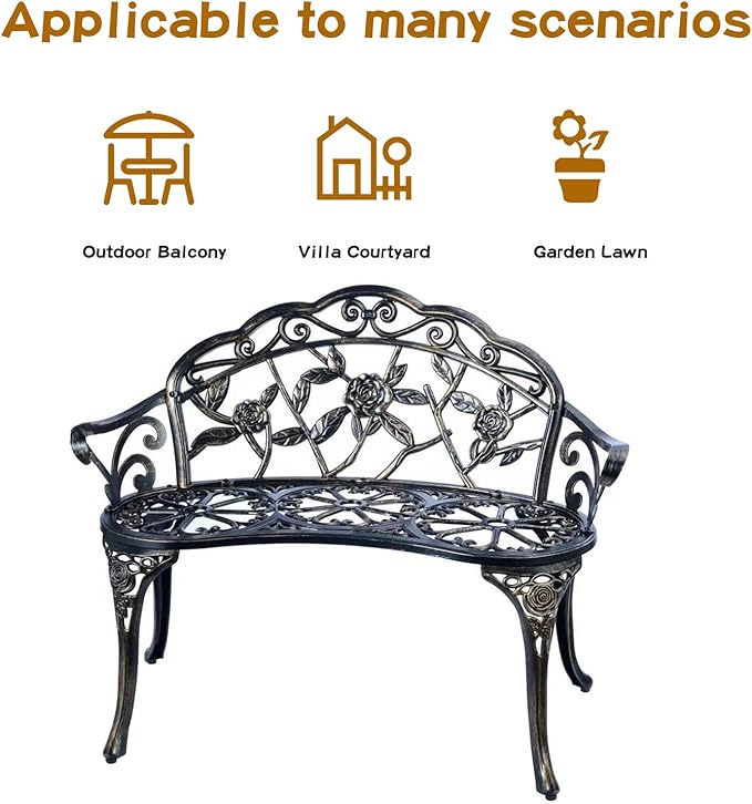 JARDIN DE CENTENNIAL Patio Garden Bench Metal Park Bench Cast Aluminum Outdoo...
