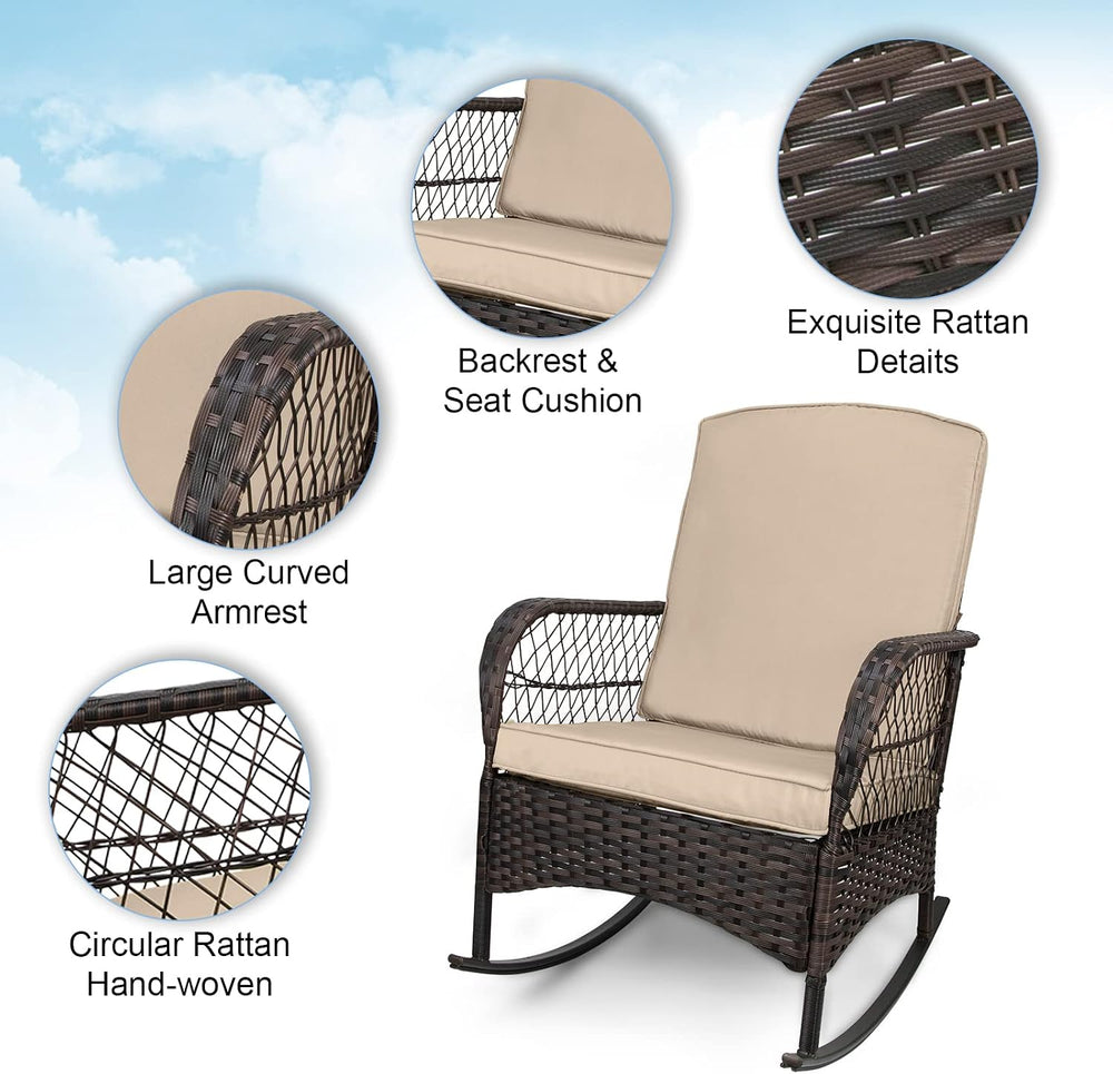LEVELEVE 3 pcs Rocking Bistro Set Conversation Chairs PE Wicker Outdoor Rocki...