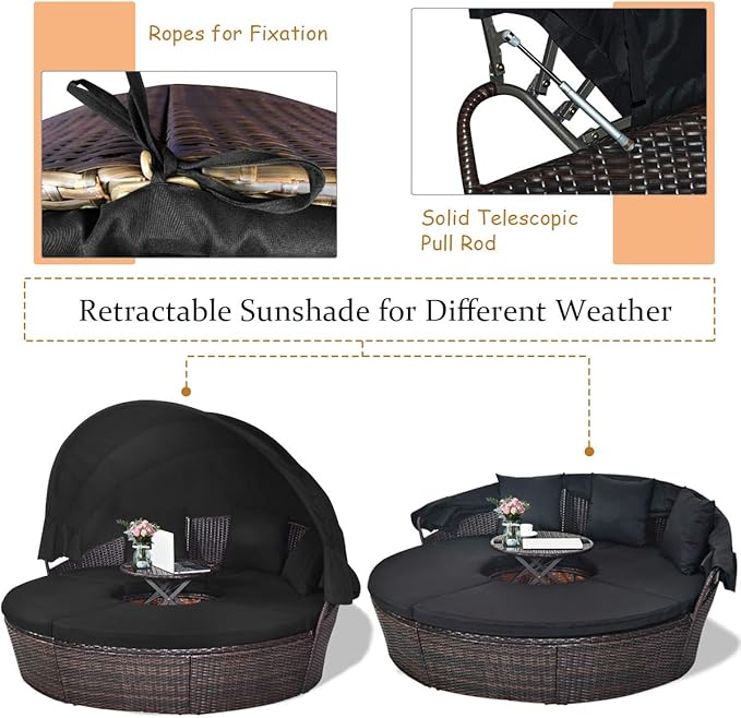 Tangkula Patio Round Daybed with Retractable Canopy, Outdoor Wicker Rattan Fu...