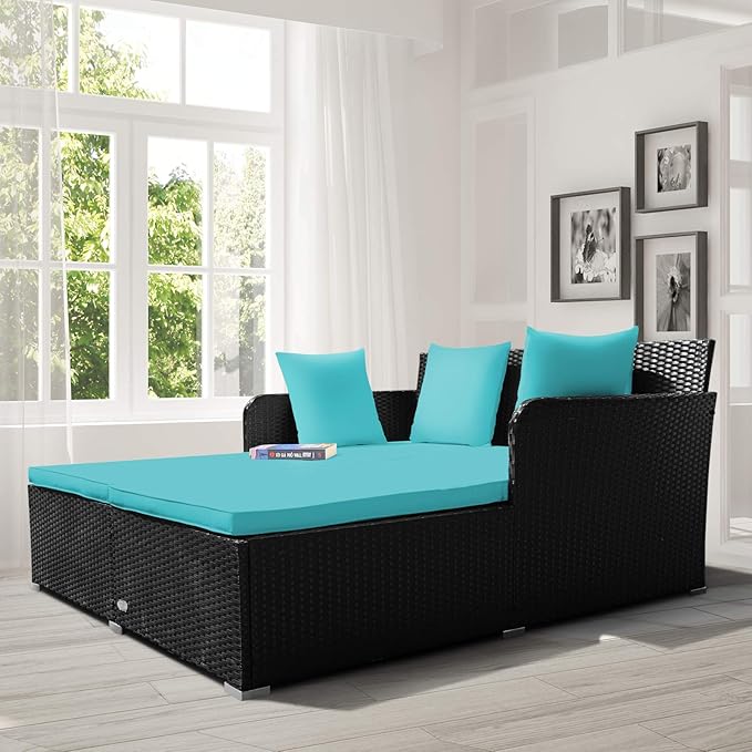 COSTWAY Outdoor Patio Rattan Daybed, Sponge Cushioned Loveseat Sofa with 4 Pi...