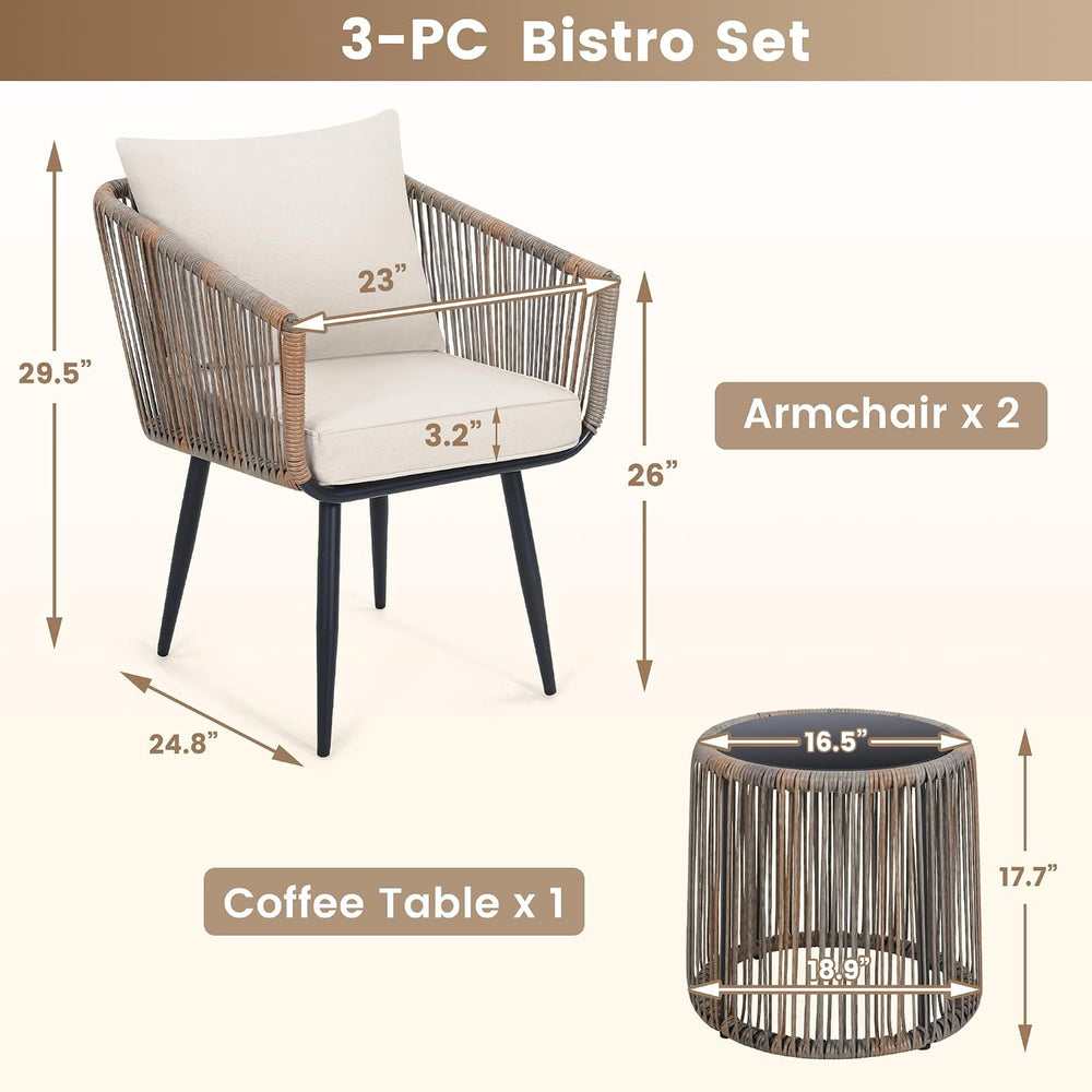 3-Piece Patio Rattan Bistro Conversation Set, Beige