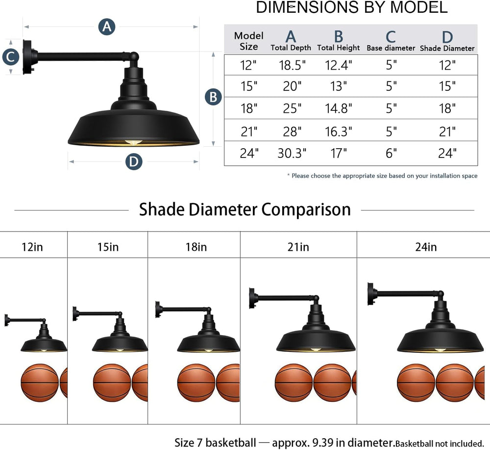 12" Outdoor Gooseneck Barn Light，Black Farmhouse barn Wall Light, Waterp...