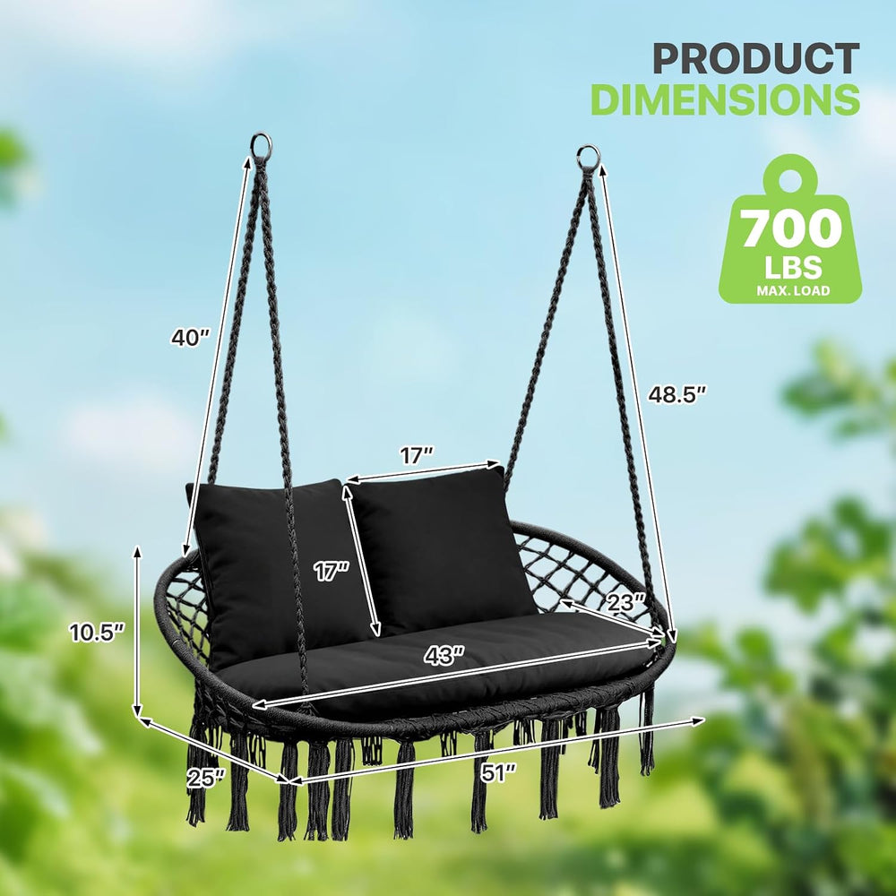 Magshion 2-Person Macrame Hanging Hammock Swing Chair, Black
