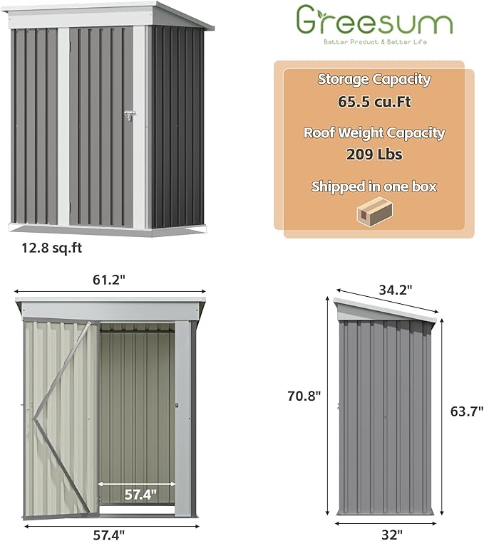 Greesum 5×3 FT Outdoor Storage Shed, Metal Storaged Sheds Without Floor, Tool...