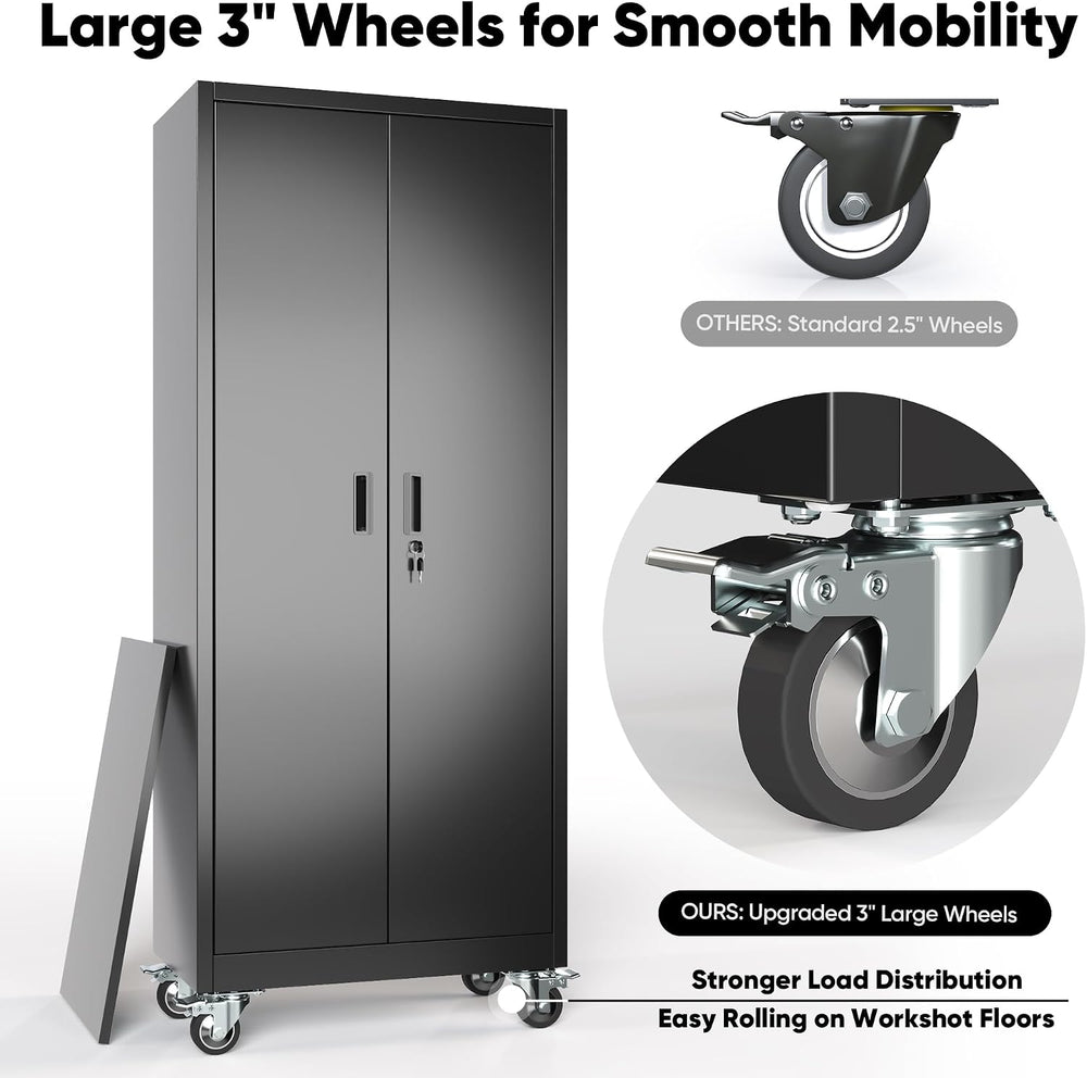 Aobabo 71" Metal Storage Cabinet with Wheels, 5 Shelves & Pegboards,...