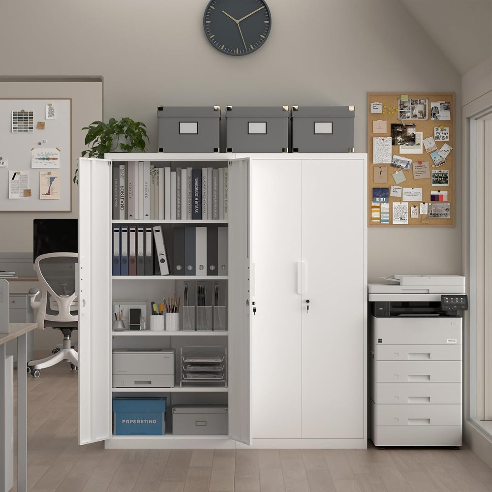 White Metal Storage Cabinet with Doors and Shelves, 71" Tall Metal Garag...