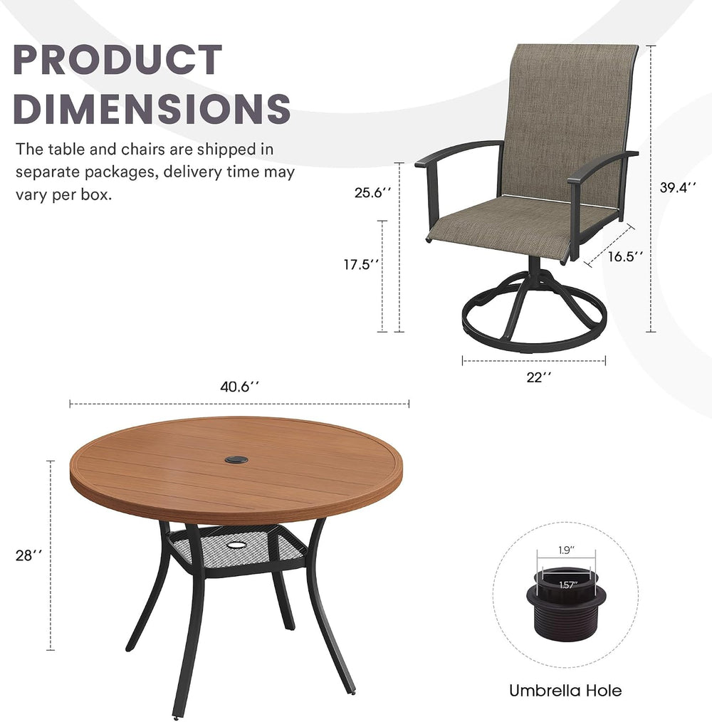 5PCS Outdoor Dining Set, 40.6" Round Table and 4 Swivel Chairs, Brown