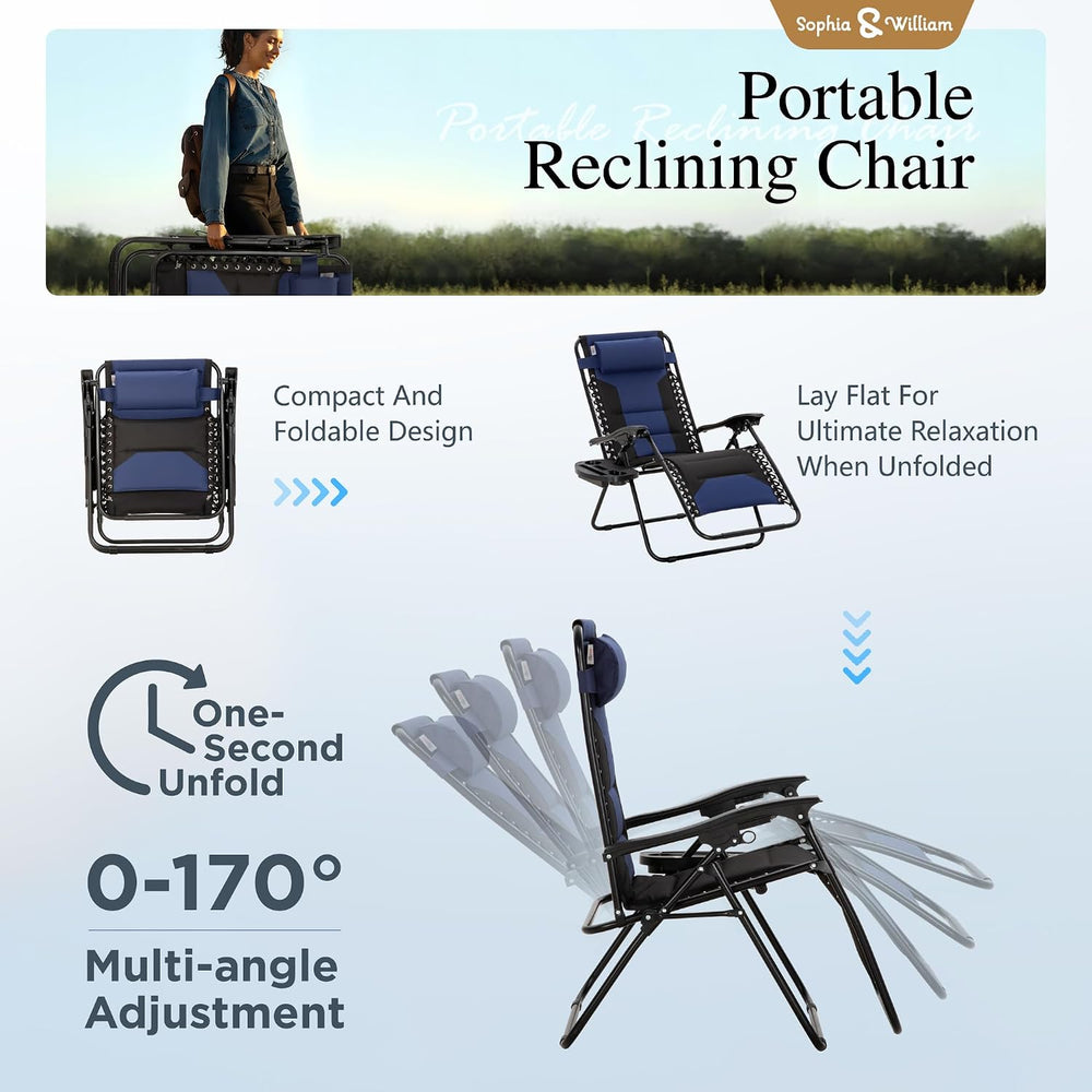 Padded Outdoor Zero Gravity Chair Set of 2, Cup Holder, 28in Seat, Blue | Fol...
