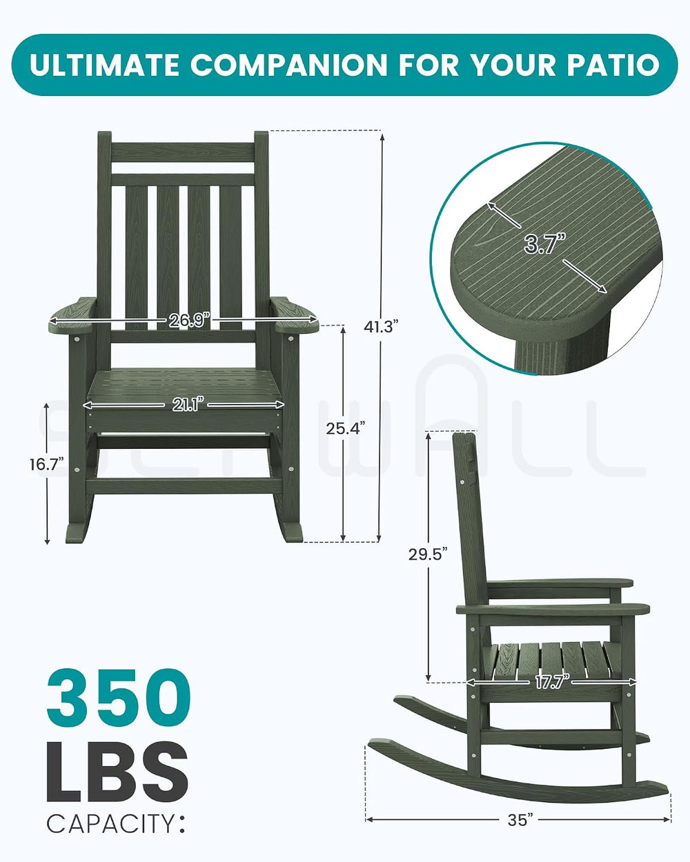 SERWALL Oversized Outdoor Rocking Chair Set of 2, HDPE Rocker for Adults, Pat...