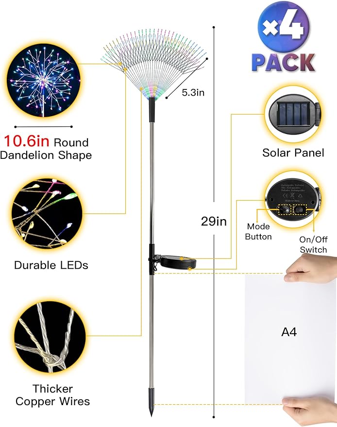 suddus Solar Garden Lights Outdoor Waterproof Decorative, 4Pack 150LED Firewo...