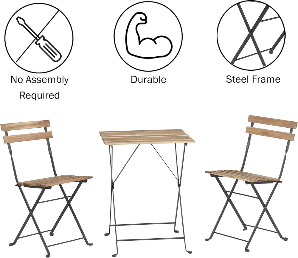 Folding Patio Bistro Set – 3-Piece Acacia Wood and Steel Café Table and Chair...