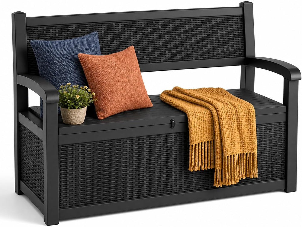 80 Gallon Outdoor Storage Bench Waterproof Resin Lockable UV Resistant Deck B...