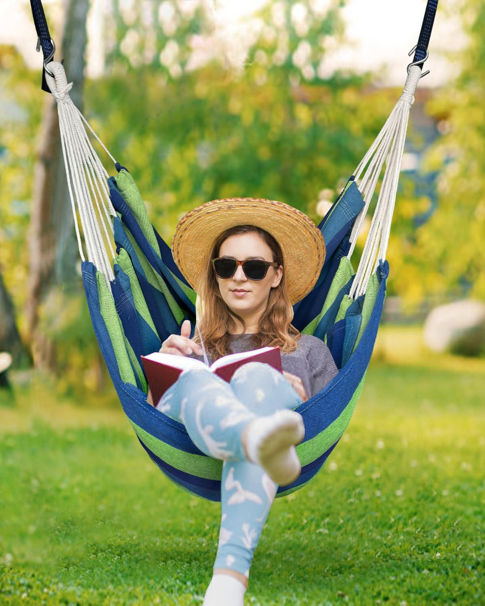 Halalona Hammock Chair Hanging Hammock Chair Rope Swing 2 Cushions Included-S...