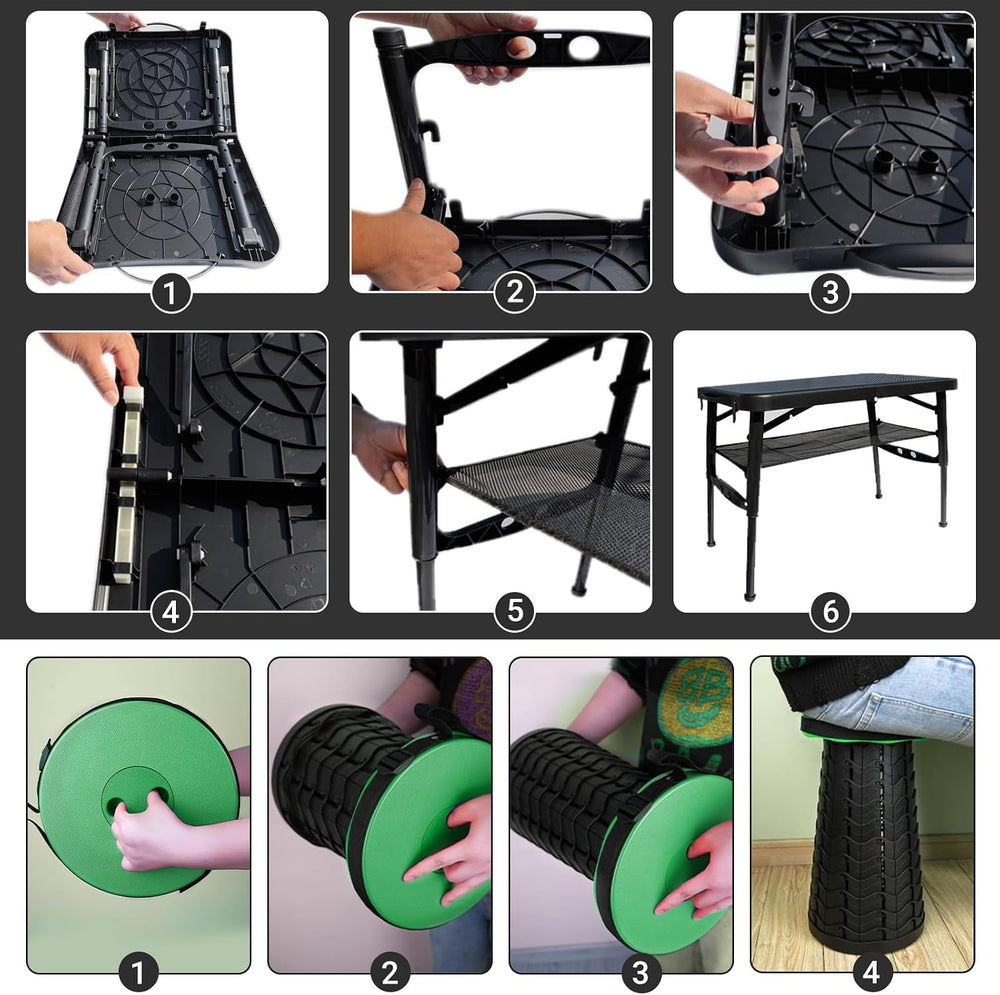 Small Folding Table and Stool, Portable, Adjustable Height, Camping & Pic...