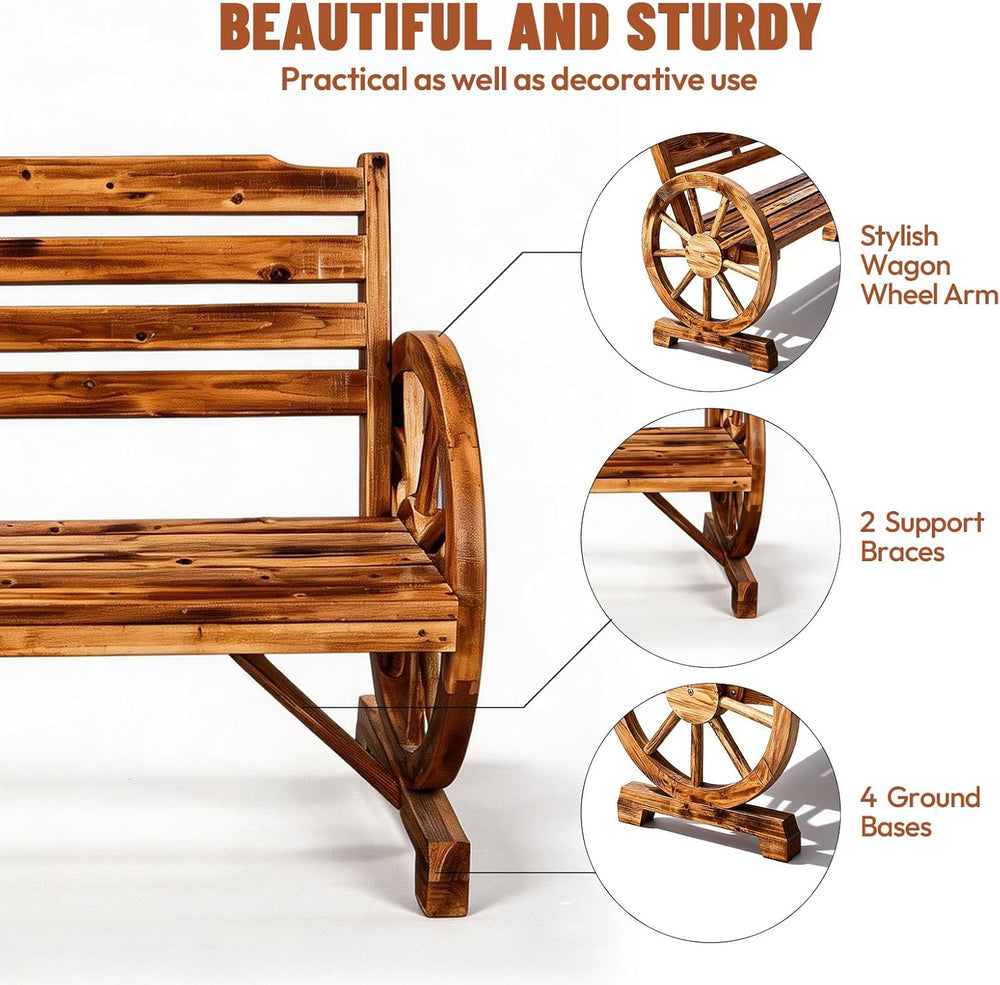VINGLI Rustic Wooden Wheel Bench Outdoor Bench, Patio Bench Wagon Slatted Sea...