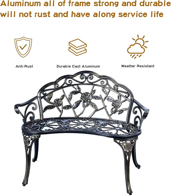 JARDIN DE CENTENNIAL Patio Garden Bench Metal Park Bench Cast Aluminum Outdoo...