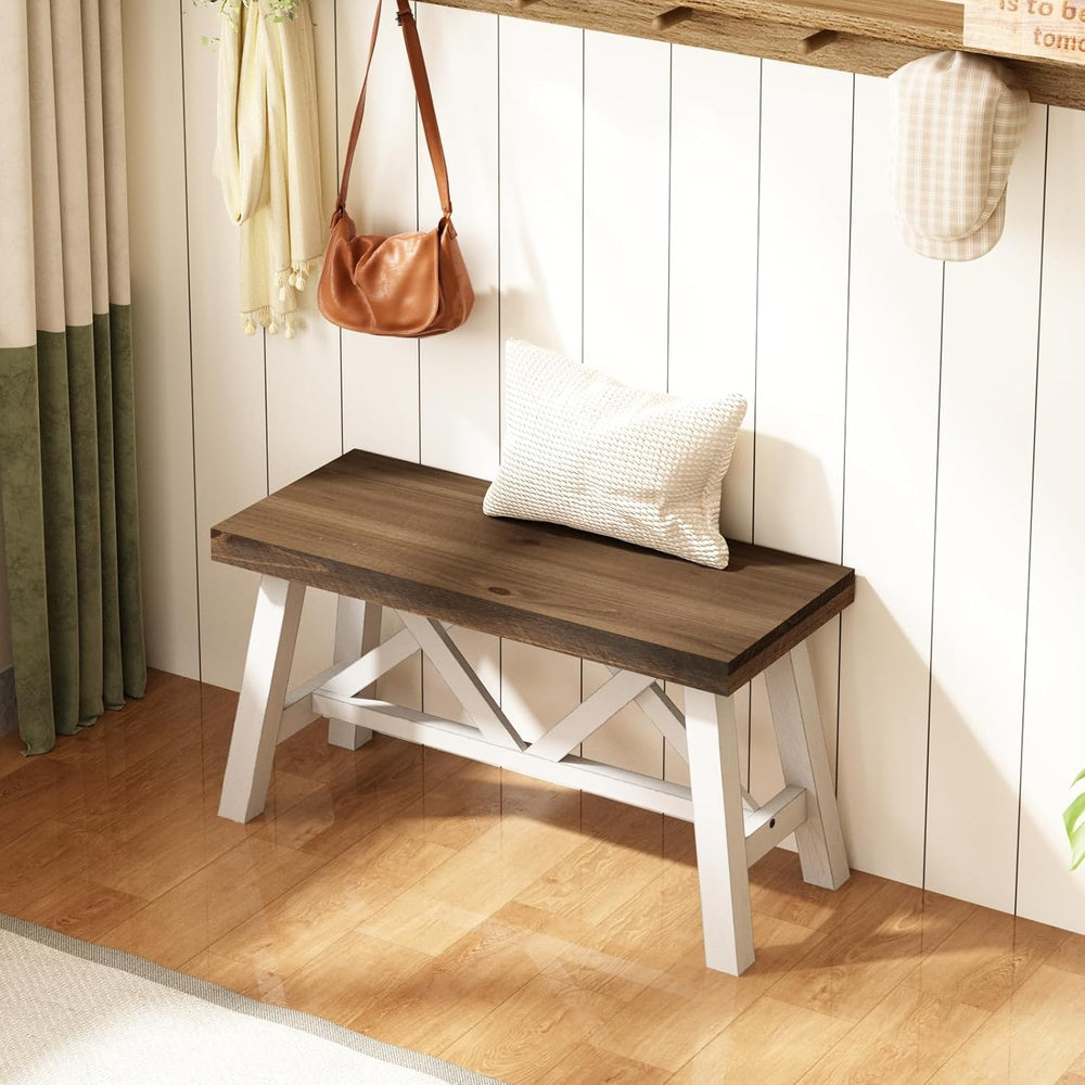 Wnutrees 30" Farmhouse Solid Wood Bench, Rustic Entryway Bench, White