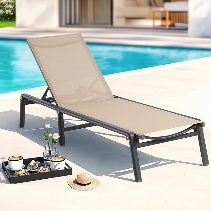 ONBRILL Aluminum Chaise Lounge Chair Outdoor, Foldable & Assembly Free Ou...