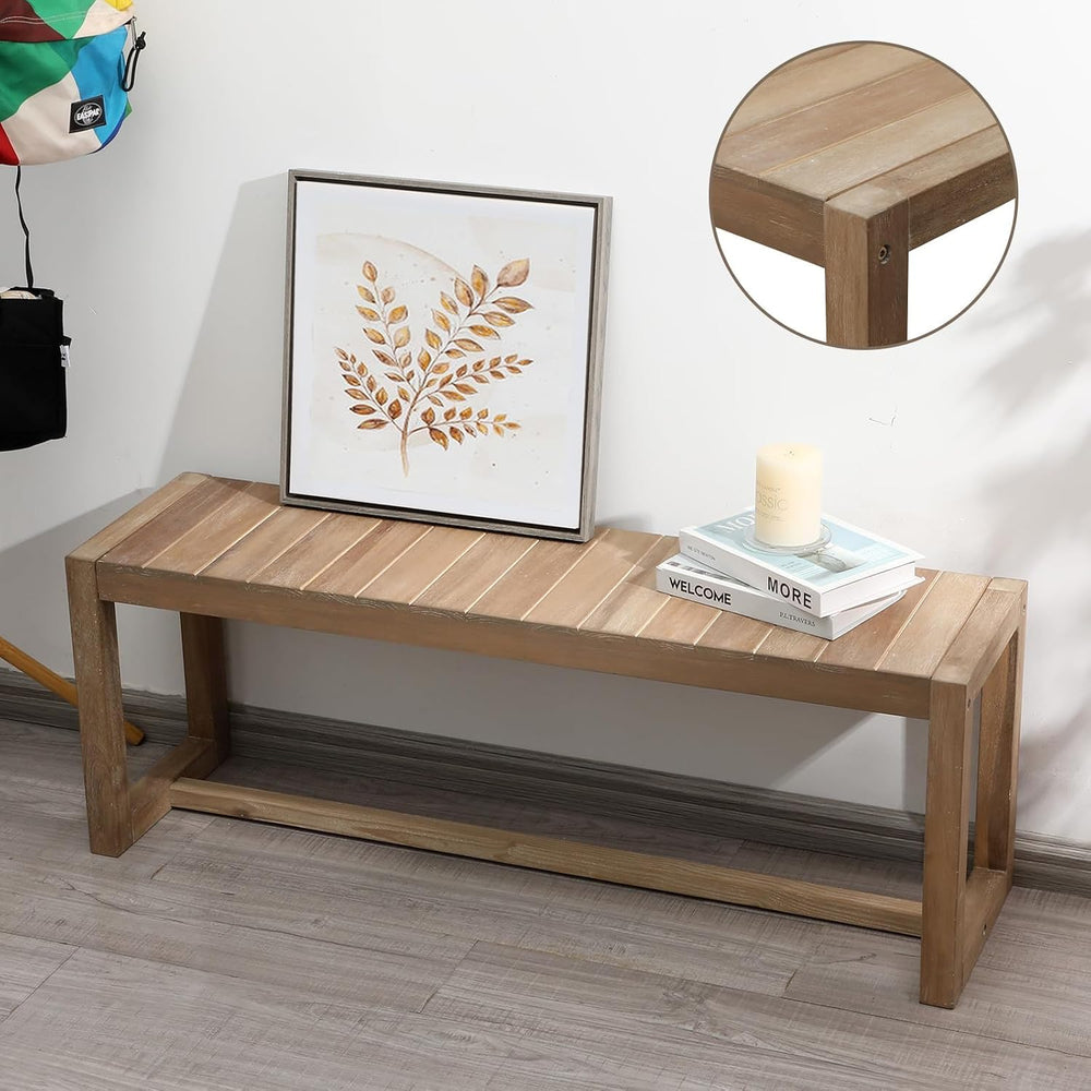 Wnutrees Farmhouse Solid Wood Entryway Bench, 43" Line Pattern Splicing
