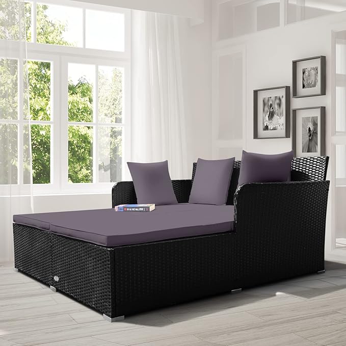 COSTWAY Outdoor Patio Rattan Daybed, Sponge Cushioned Loveseat Sofa with 4 Pi...