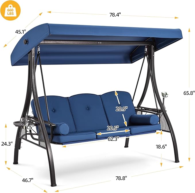 HOMREST 3 Seat Outdoor Porch Swing with 1.5" Deepened Cup Holder, Adjust...