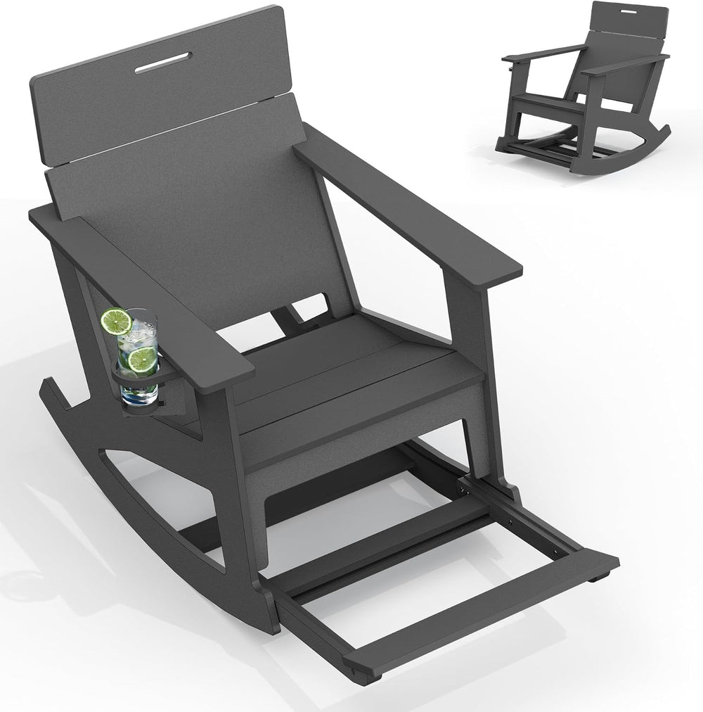 Outdoor Rocking Chair, HDPE Patio Porch Rocker with Ottoman, Grey