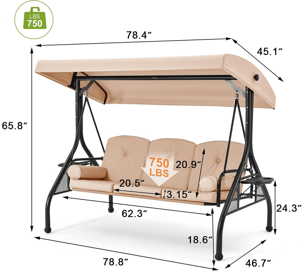 3-Seat Porch Swing with Adjustable Canopy, Patio Swing with Stand