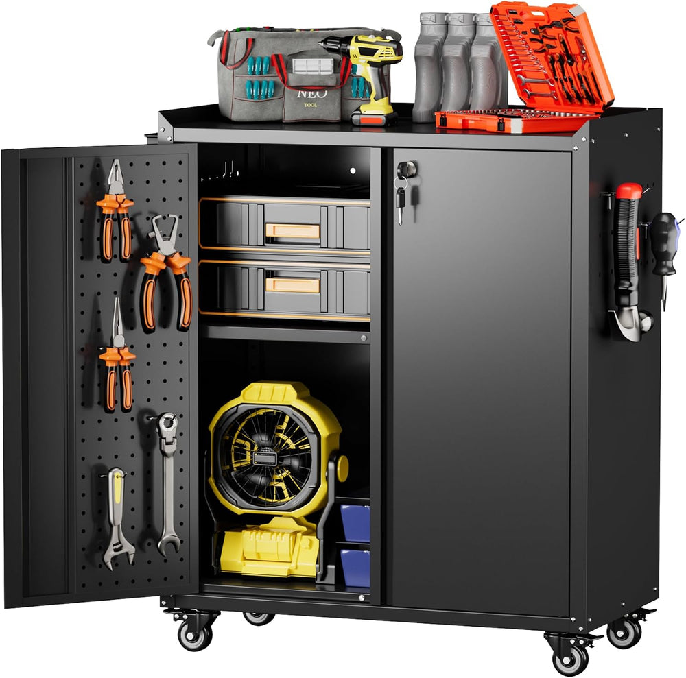 Metal Rolling Garage Storage Cabinet with Wheels, Pegboard Doors