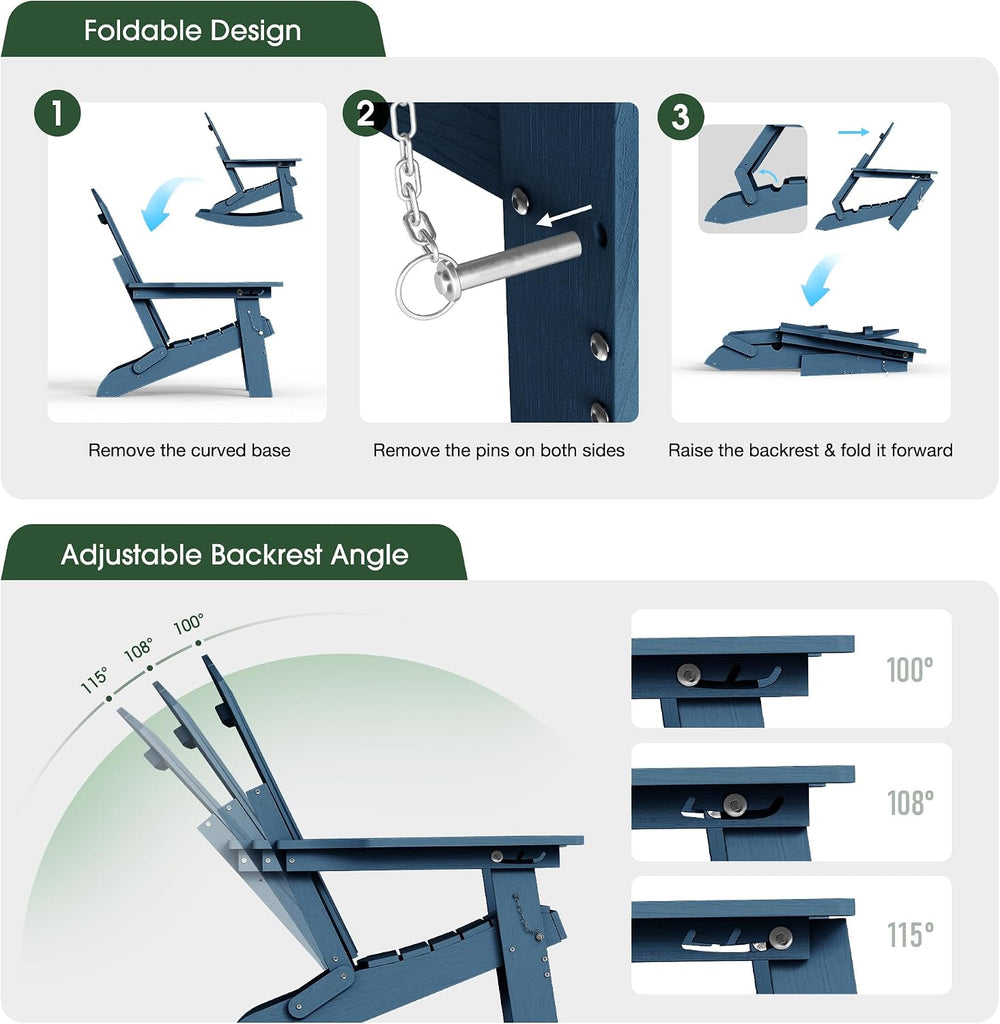 4-in-1 Rocking Adirondack Chair with Footrest, HDPE, Navy Blue