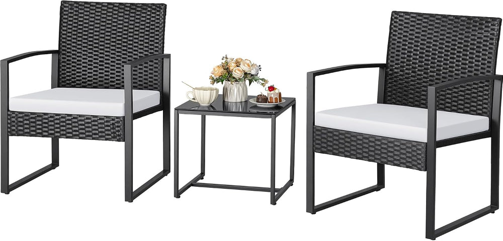 Greesum 3 Piece Wicker Conversation Bistro Sets Outdoor Patio Set(White)