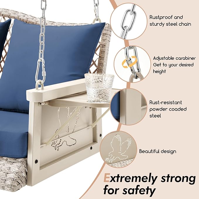 Upgraded Wicker Hanging Porch Swing Heavy Duty 900 LBS 3-Seat Outdoor Patio S...