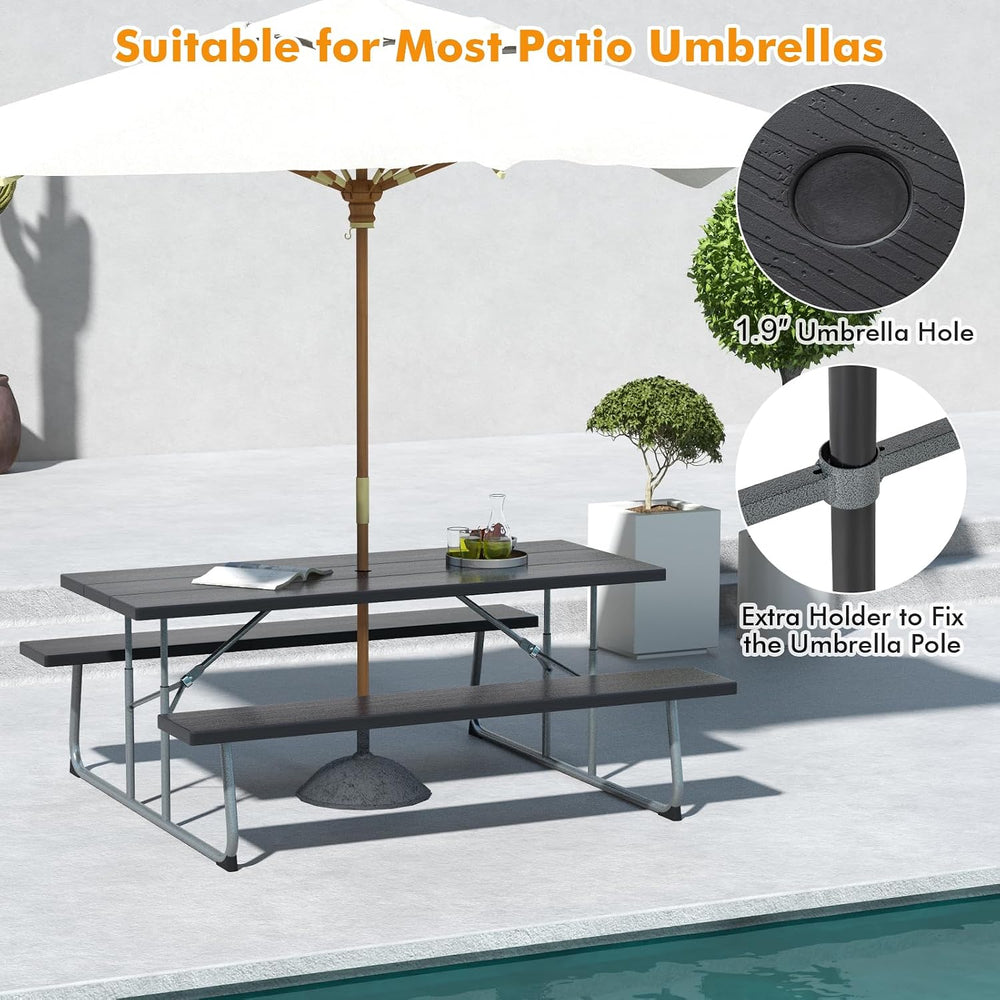 Tangkula 6 Ft Folding Picnic Table with 2 Built-in Benches, Black
