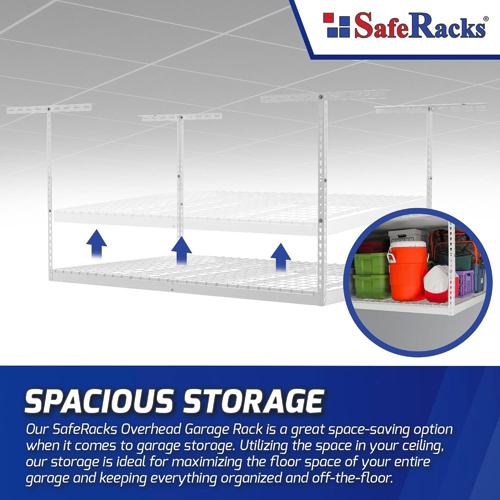 SafeRacks 3x6 Overhead Garage Storage Rack, White, 18"-33" Height