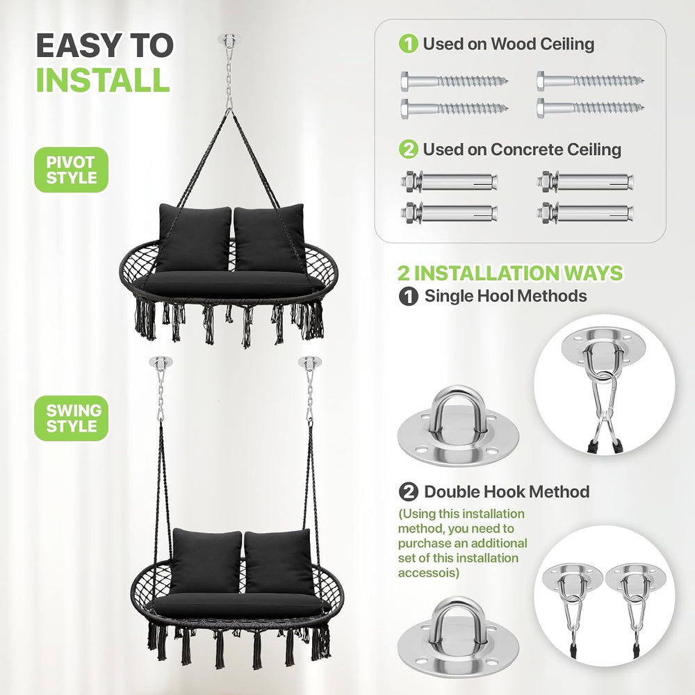Magshion 2-Person Macrame Hanging Hammock Swing Chair, Black