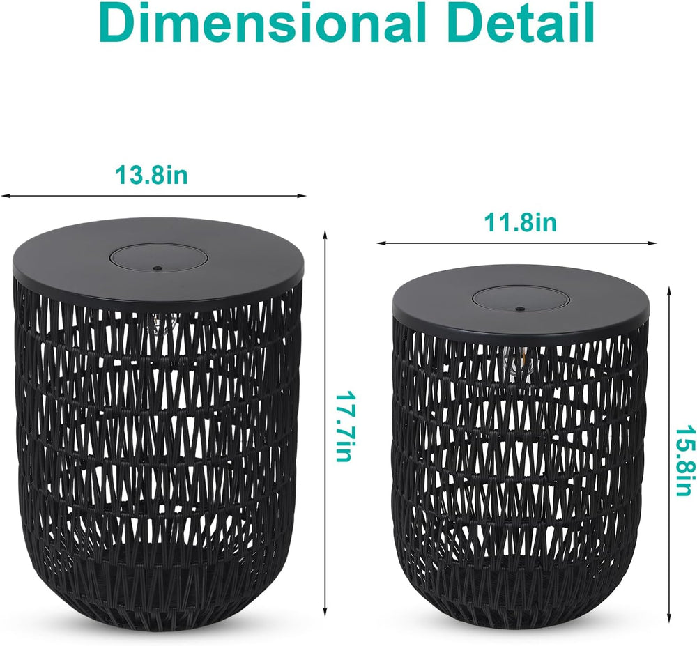 HMVPL Solar Black Outdoor Side Table Set of 2 with Dimmable Light, Round Pati...