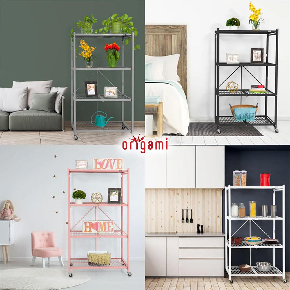 Origami R5 Series Foldable 4-Tier Heavy-Duty Steel Storage Rack, Pewter