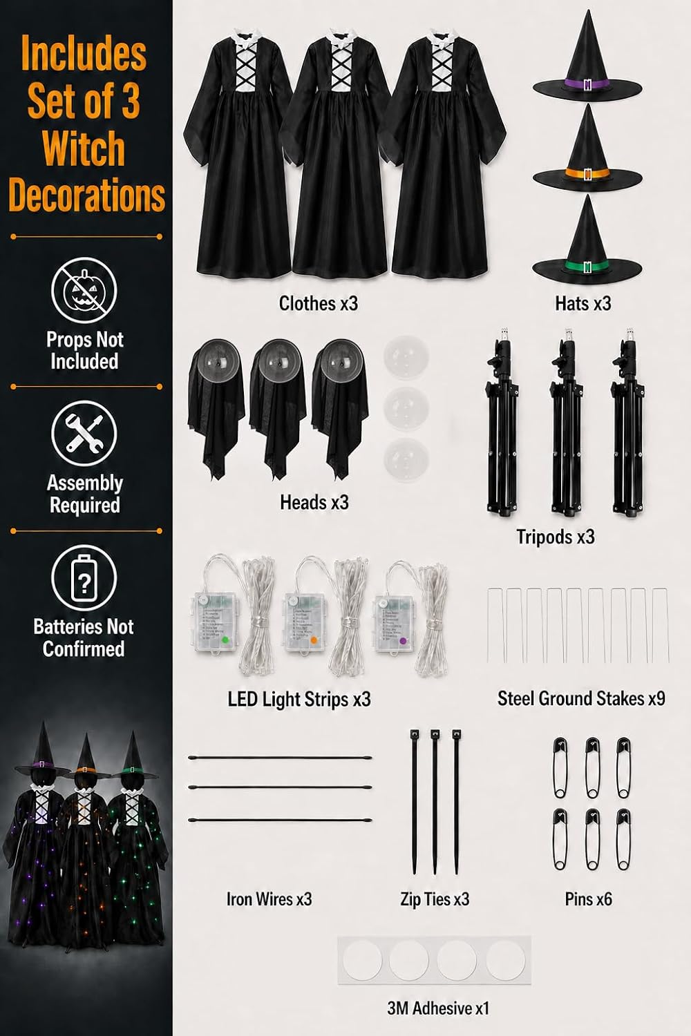 HOMELEX 3 Lighted Witches Halloween Yard Decorations, 59 in