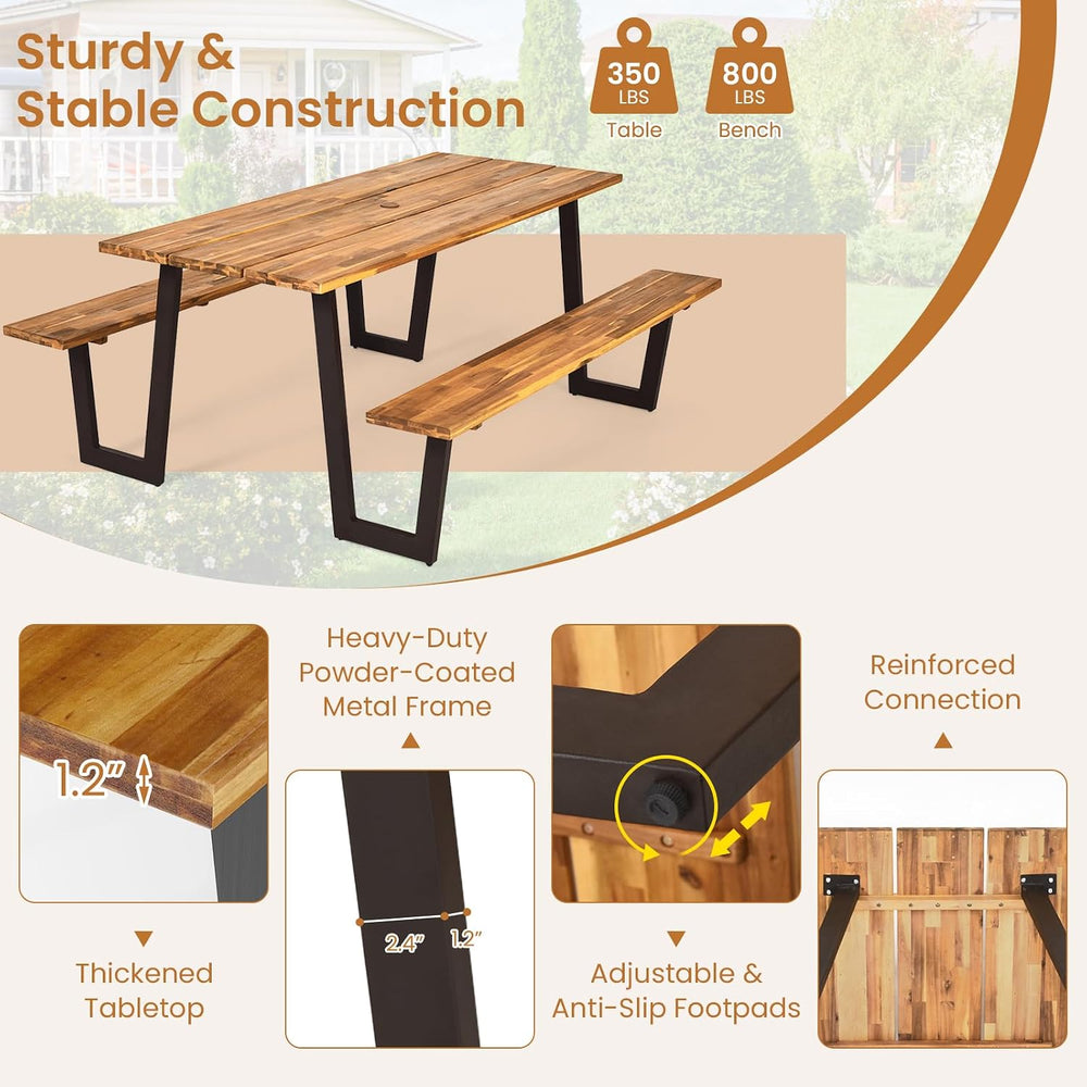 GIANTEX 71" Picnic Table Bench Set for 6-8, Acacia Wood Outdoor Dining T...