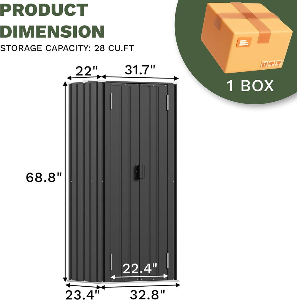 Patiowell 28 Cuft Storage Shed, Outdoor Metal Storage Cabinet, Black