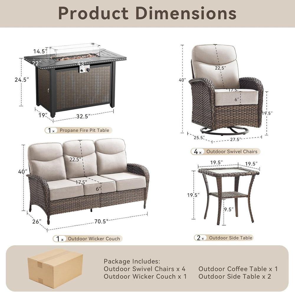 8 Pieces Luxury Patio Furniture Set with 42.5" Fire Pit Table, 6-Inch Th...