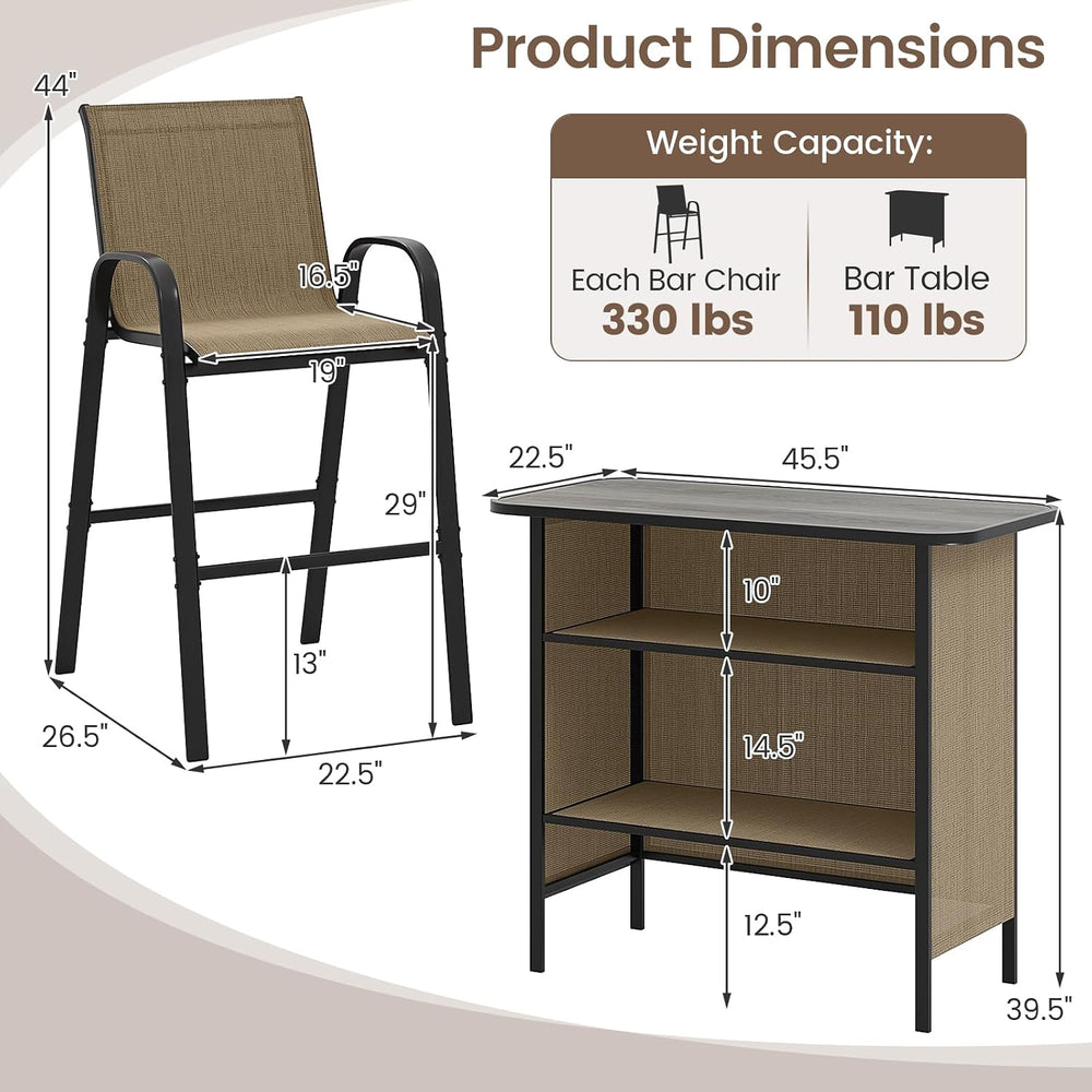 Tangkula 3 Piece Outdoor Bar Set with Stools, Brown