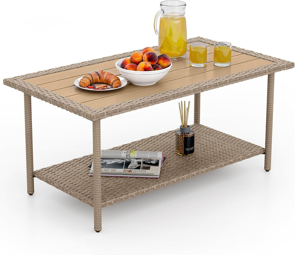 YITAHOME Outdoor Wicker Coffee Table with Storage, 39.4" 2 Tier Rectangl...
