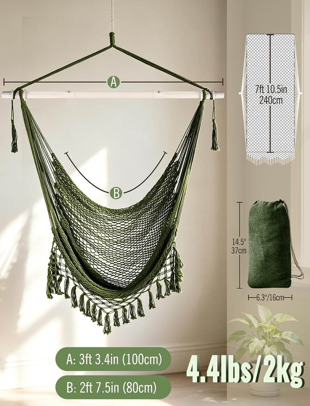 Chihee Hammock Chair Handmade Woven Mesh Hanging Seat Metal Spreader Bar
