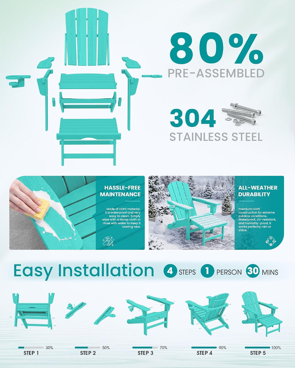 SERWALL HDPE Folding Adjustable Adirondack Chair with Footrest, Aruba