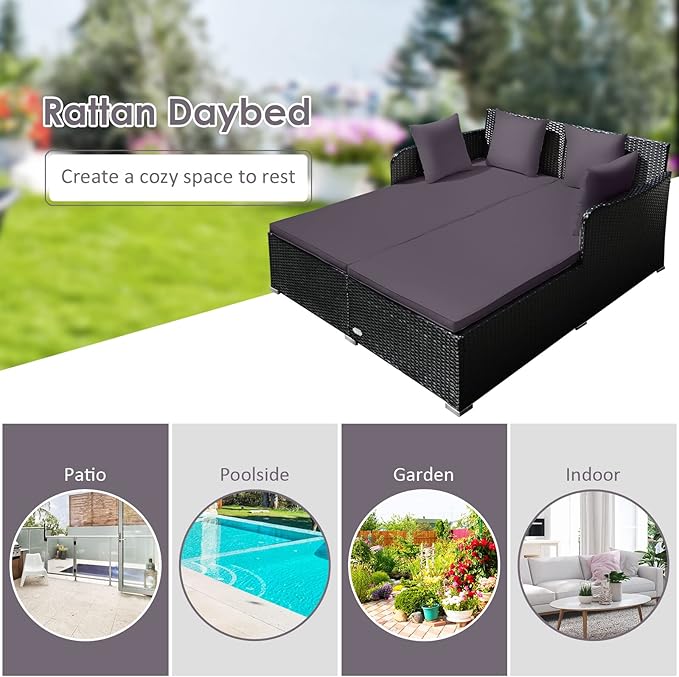 COSTWAY Outdoor Patio Rattan Daybed, Sponge Cushioned Loveseat Sofa with 4 Pi...