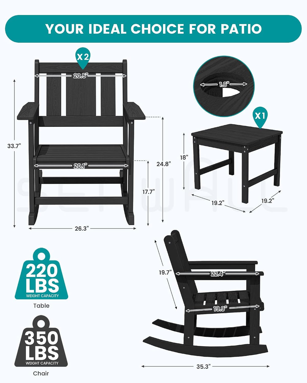 SERWALL 3-Piece Patio Furniture Set with 2 Rocking Chairs & Table, Black